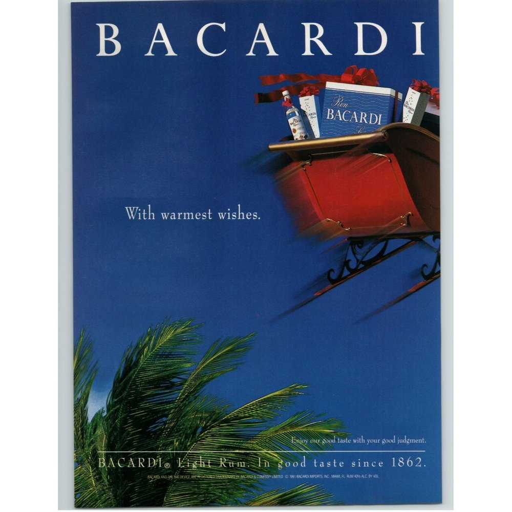 1991 Bacardi Rum Vintage Print Ad With Warmest Wishes Santa's Sleigh Palm Tree